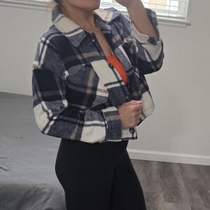 Women's Plaid Pea Coat - Navy and Cream